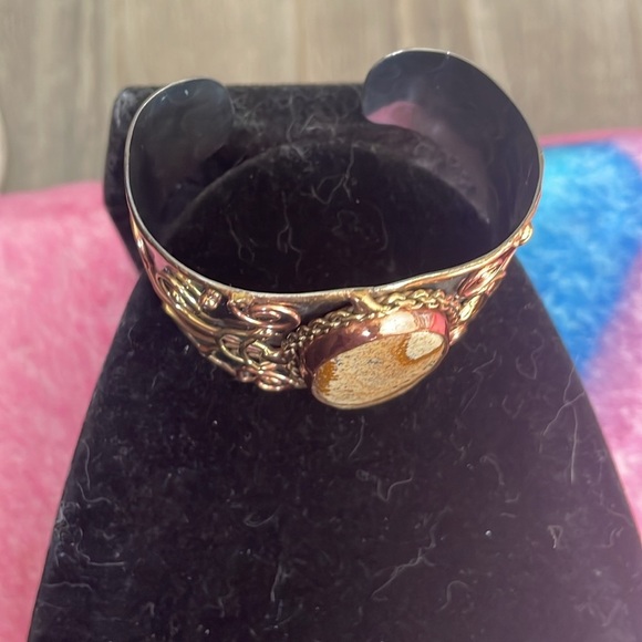 Gold and Silver metal picture jasper Statement Cuff Bracelet - Picture 3 of 5